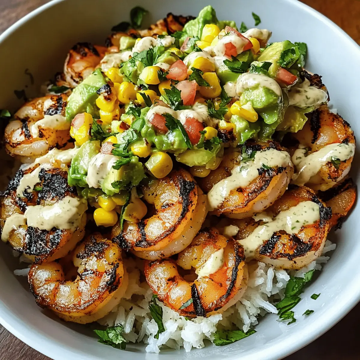 Grilled Shrimp Bowl with Avocado Corn Salsa & Creamy Sauce Bliss