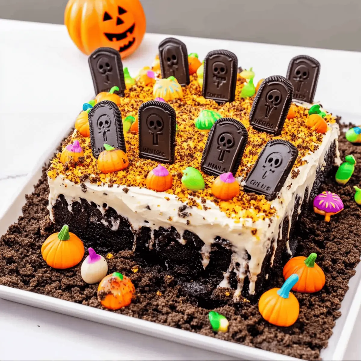 Spook-tacular Halloween Graveyard Chocolate Poke Cake Delight