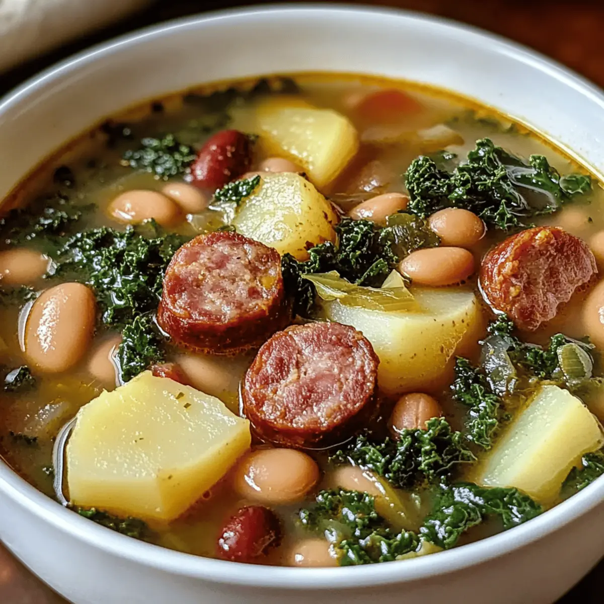 Cozy Hearty Sausage Soup with Potatoes, Beans, and Kale
