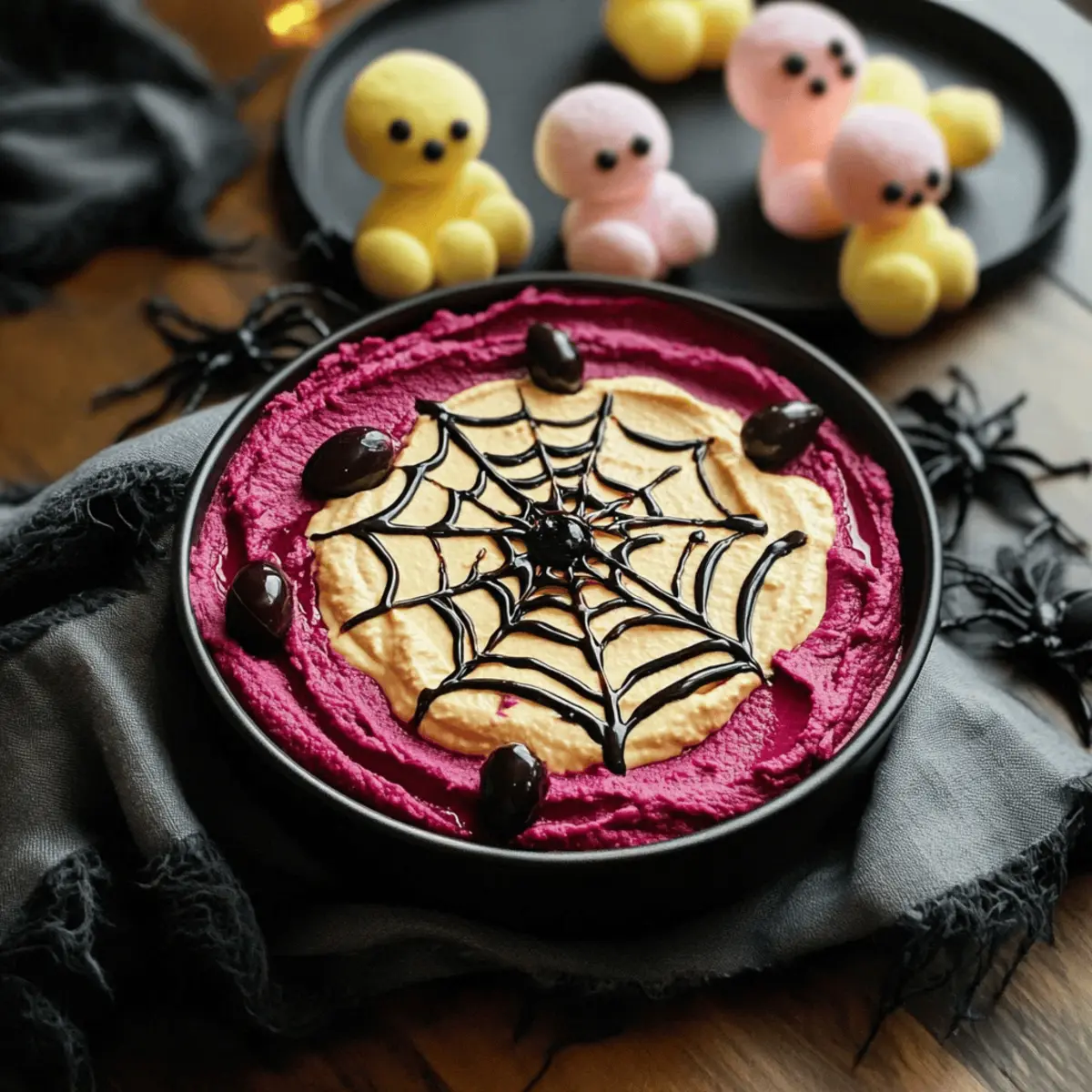 Bloody Beet Hummus with Cheese Web: A Spooky Treat