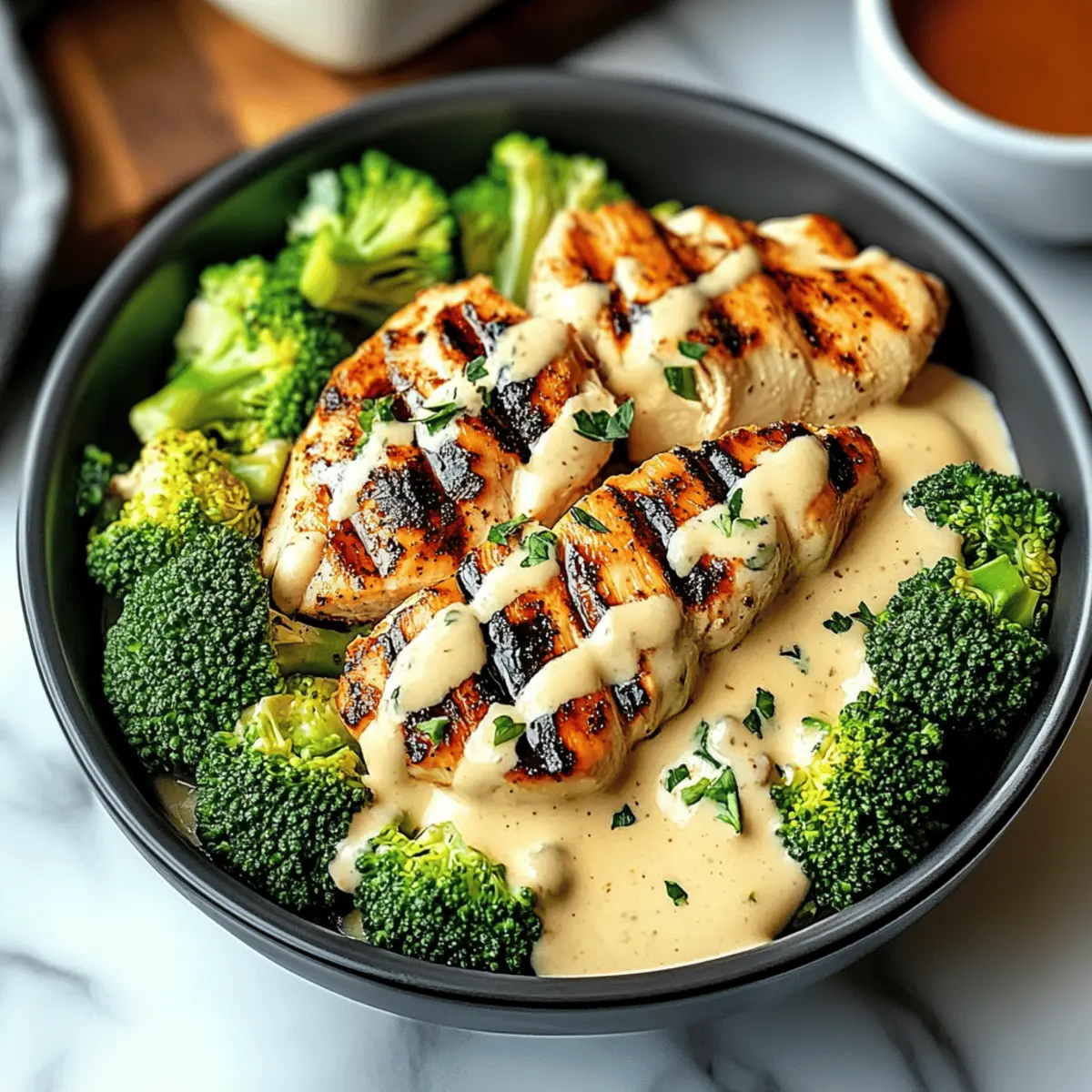 Grilled Chicken & Broccoli Bowls with Creamy Garlic Sauce Delight
