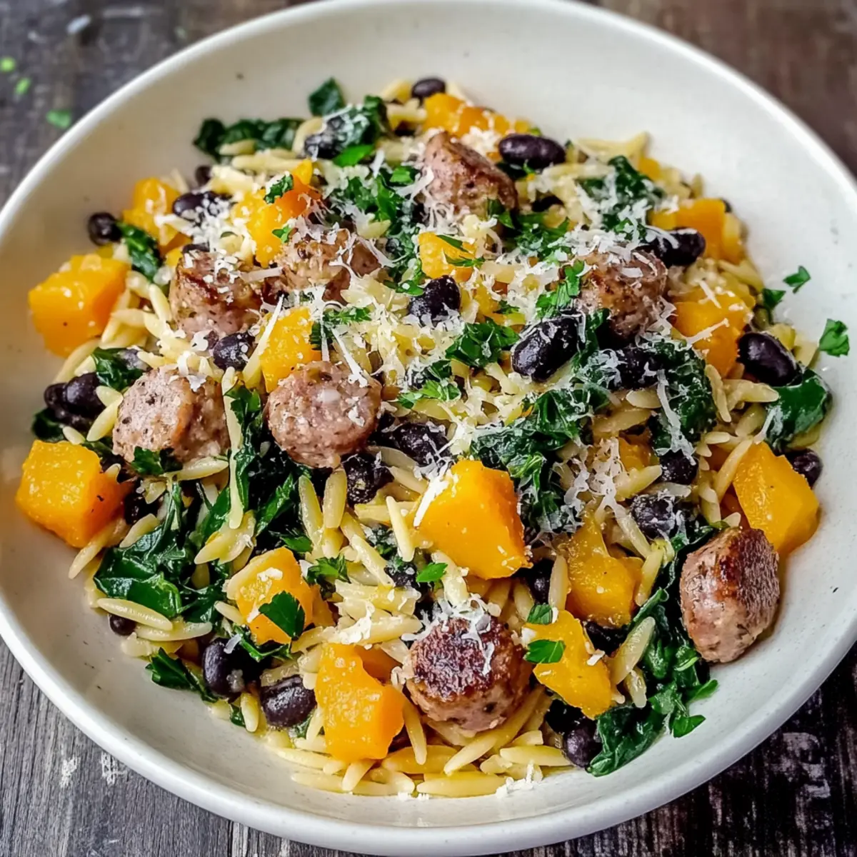 Butternut Squash and Black Bean Orzo with Sausage and Spinach Bliss