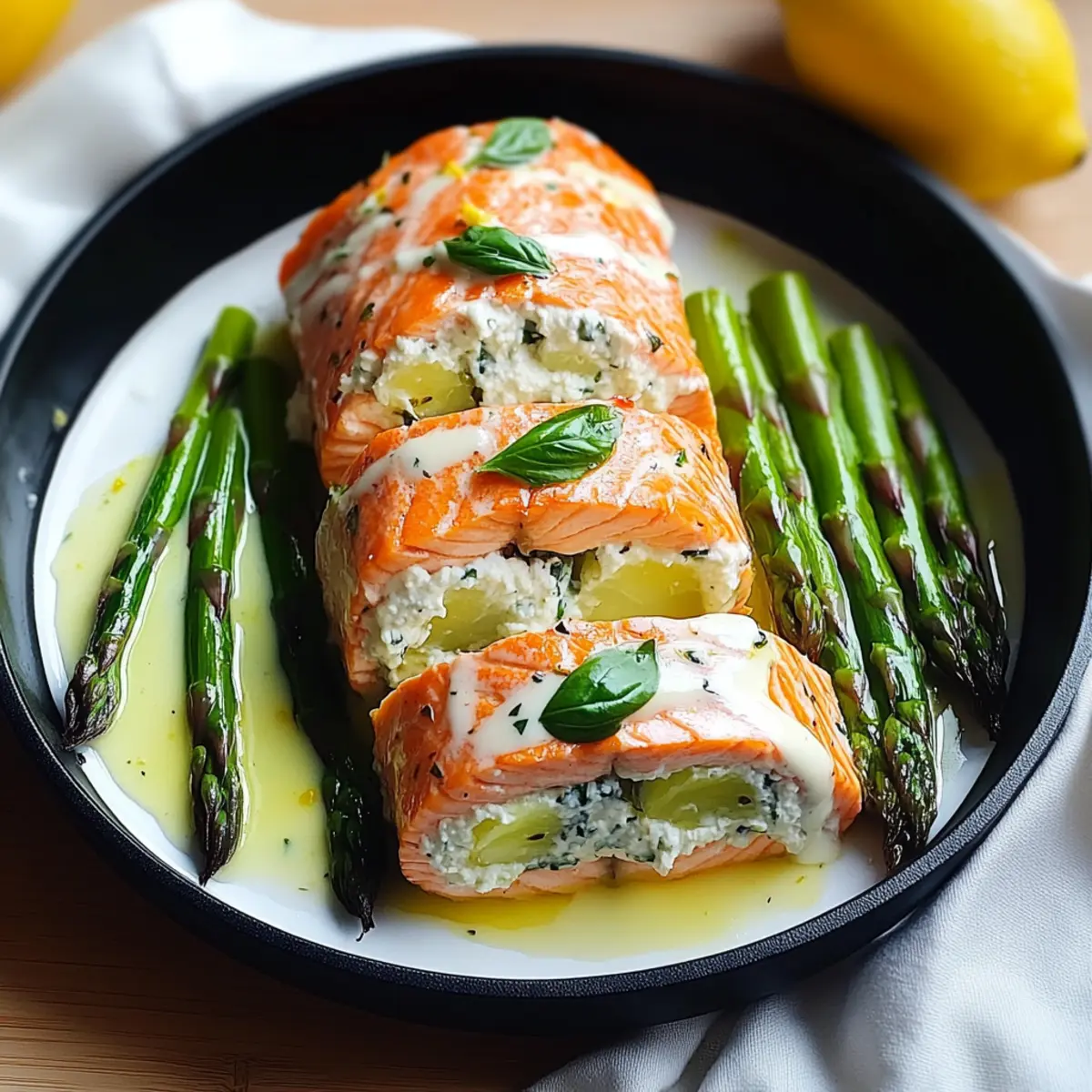 Asparagus and Lemon Basil Ricotta Stuffed Salmon Rolls Delight