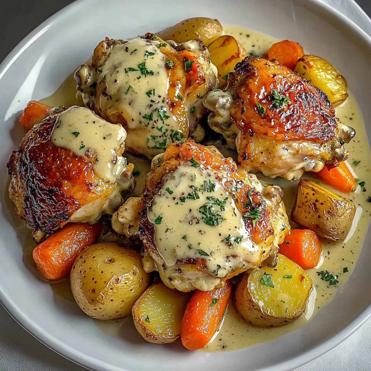 Creamy Baked Dijon Chicken Thighs with Roasted Veggies Delight