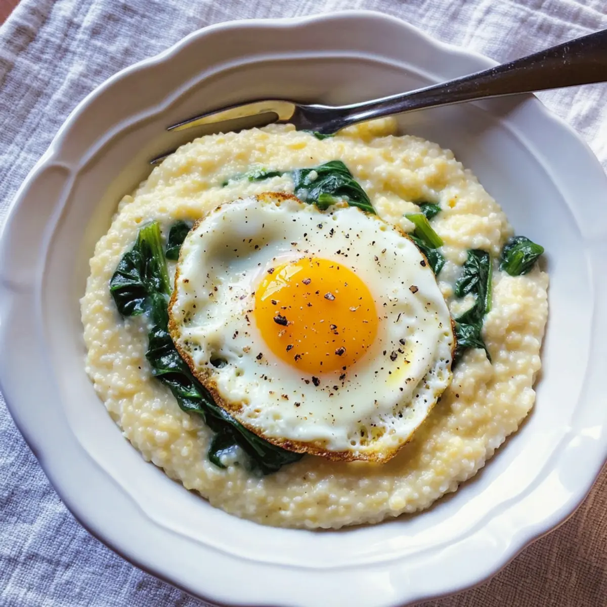 Grits with Spinach and Fried Eggs for a Cozy Breakfast Treat