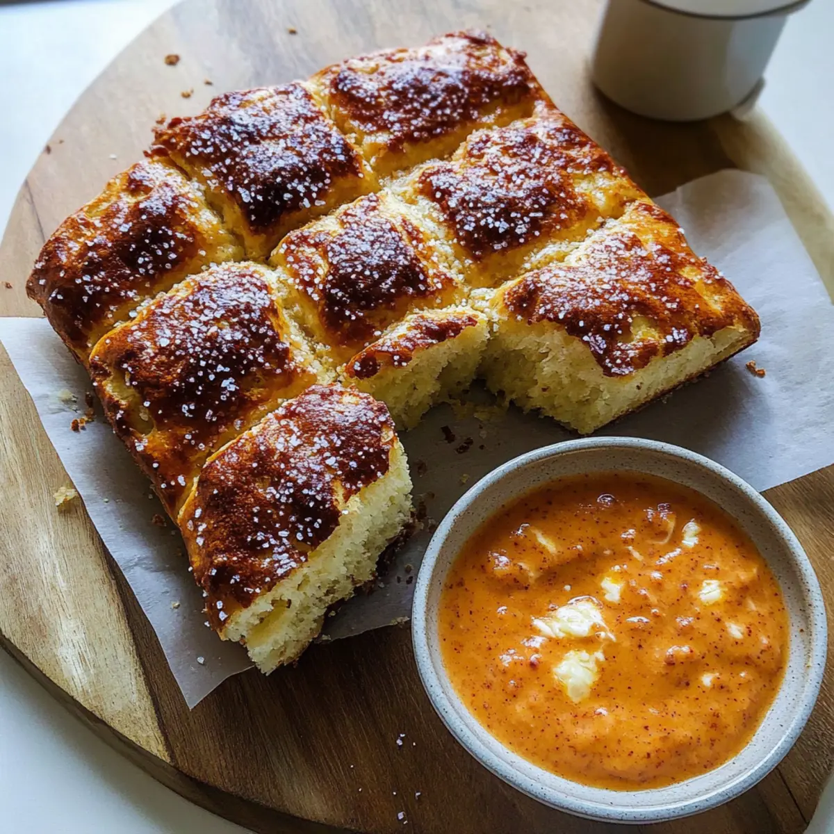 Pretzel Focaccia Bread: Soft, Chewy Delight with Cheese Dip