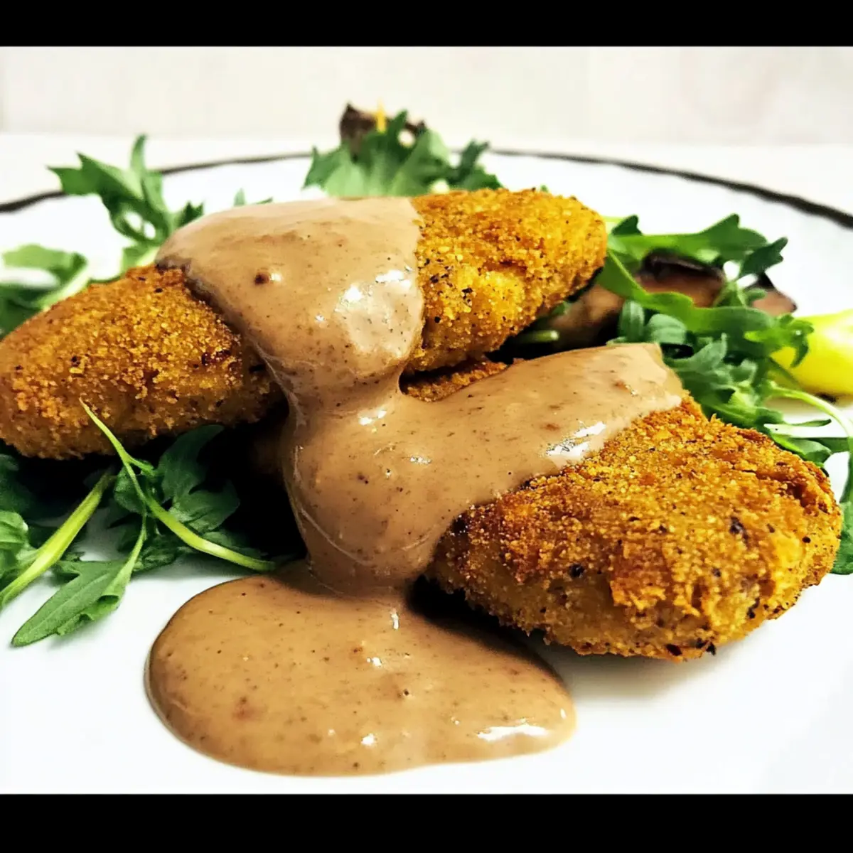 Crispy Breaded Chickpea Cutlets with Luscious Mushroom Gravy