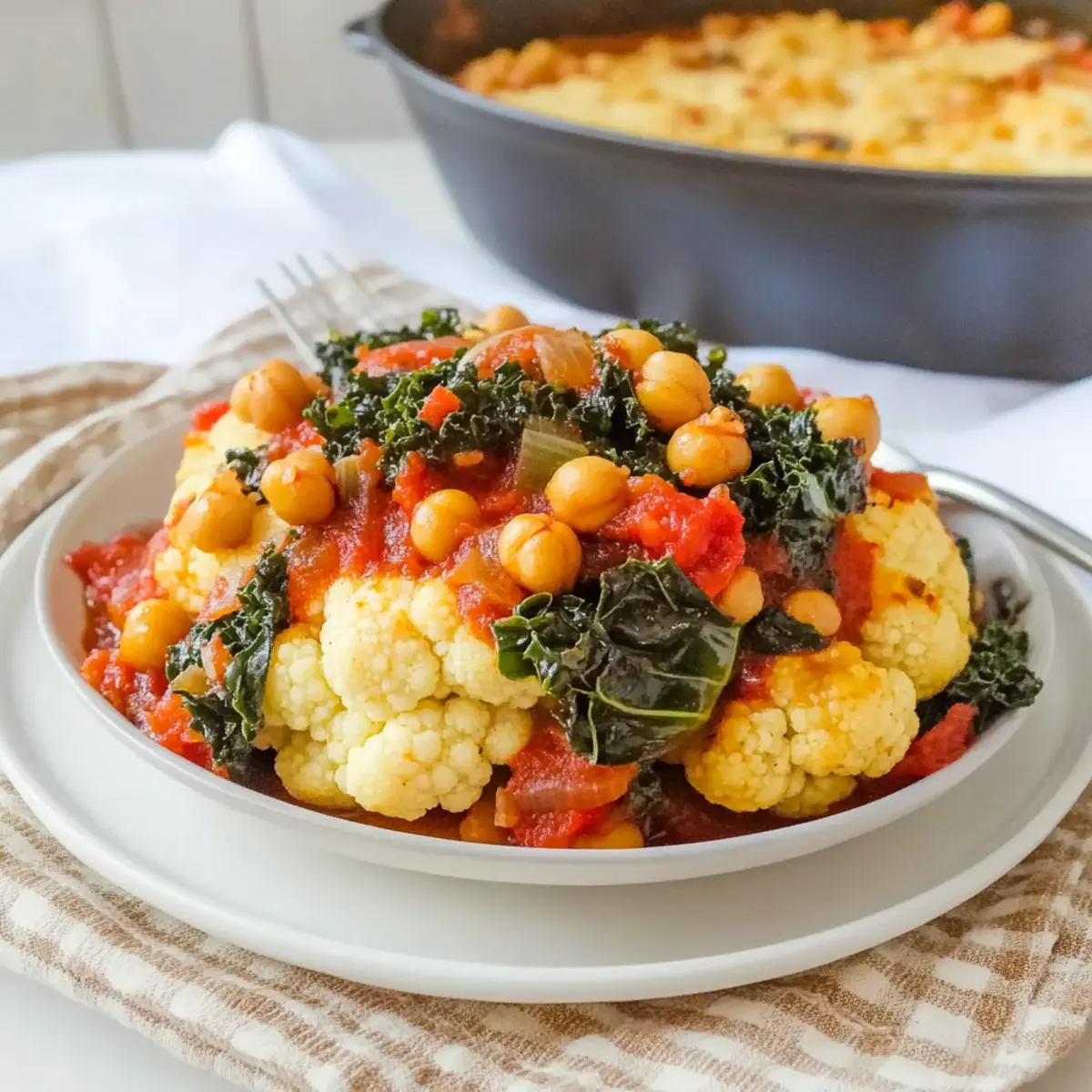 Comforting Cauliflower With Chickpeas, Tomato, and Kale Delight