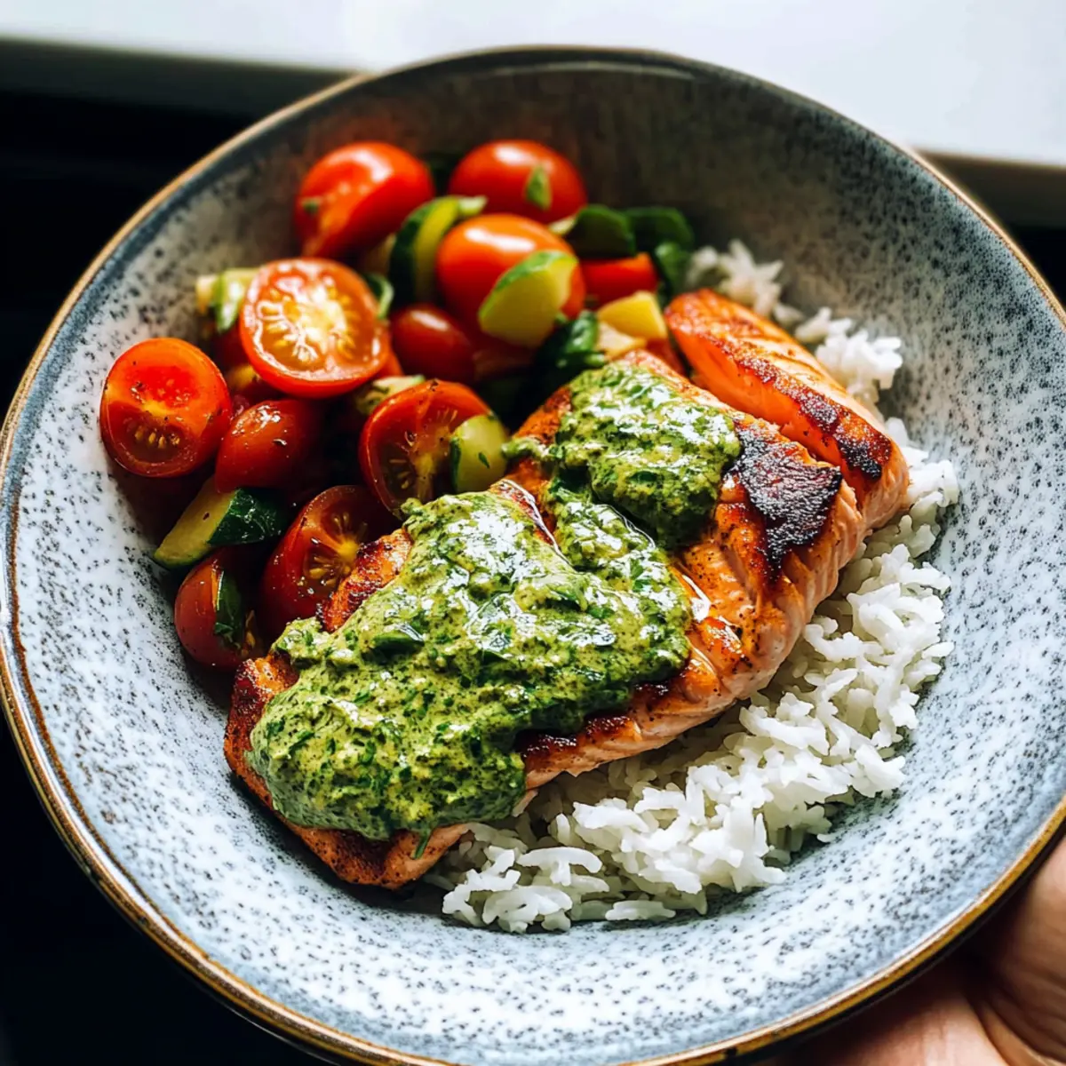 Savory Salmon with Basil Sauce and Tomato Salad Bliss
