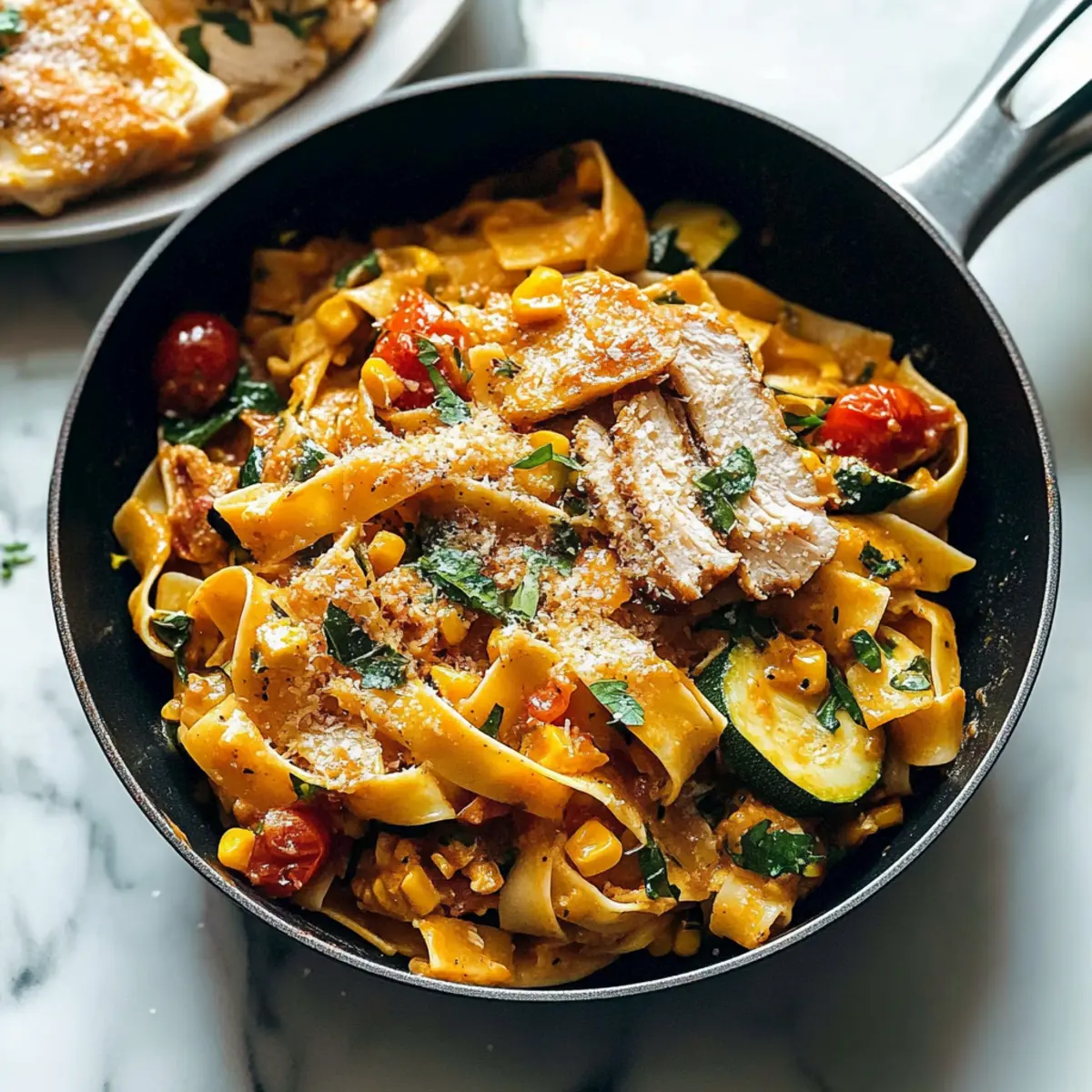 Burst Tomato Pappardelle with Zucchini and Sweet Corn Delight