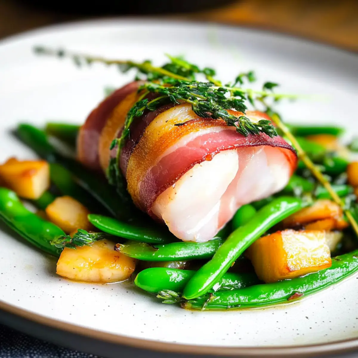 Bacon Wrapped Monkfish with Potatoes and Samphire Delight