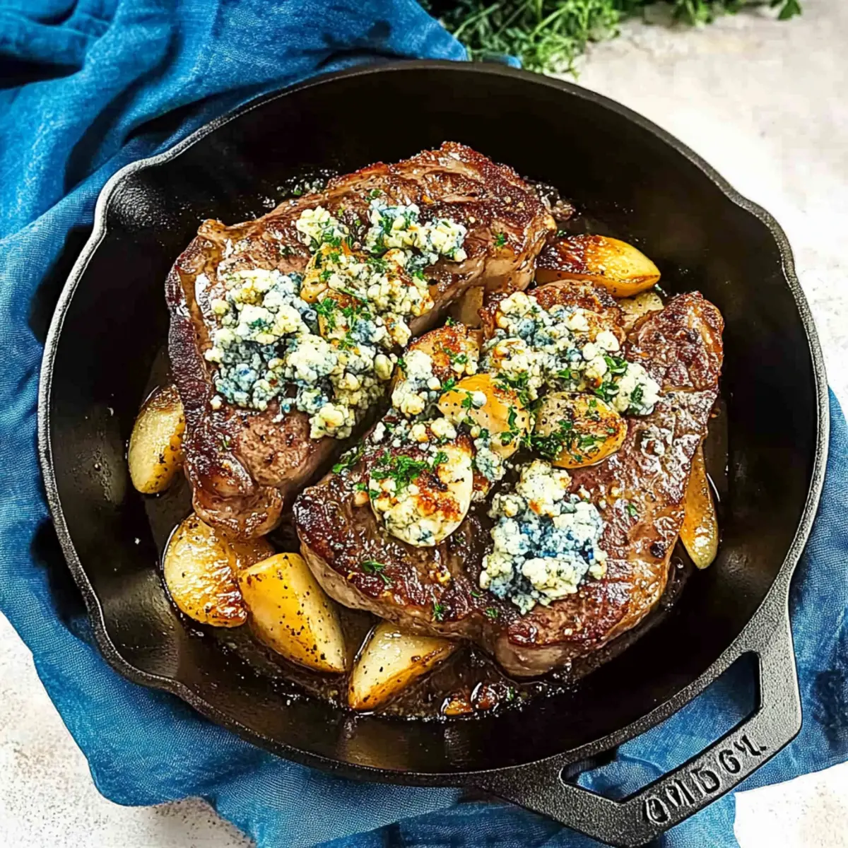 Cast Iron Ribeye Steak with Pears and Blue Cheese Delight