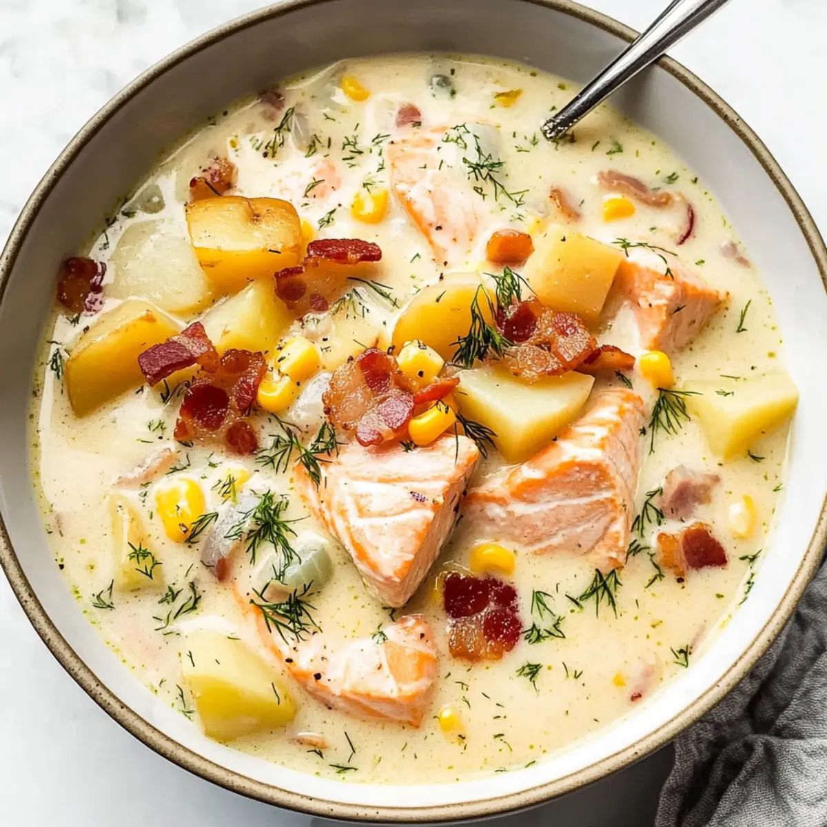 Comforting Salmon Chowder with Crispy Bacon Delight