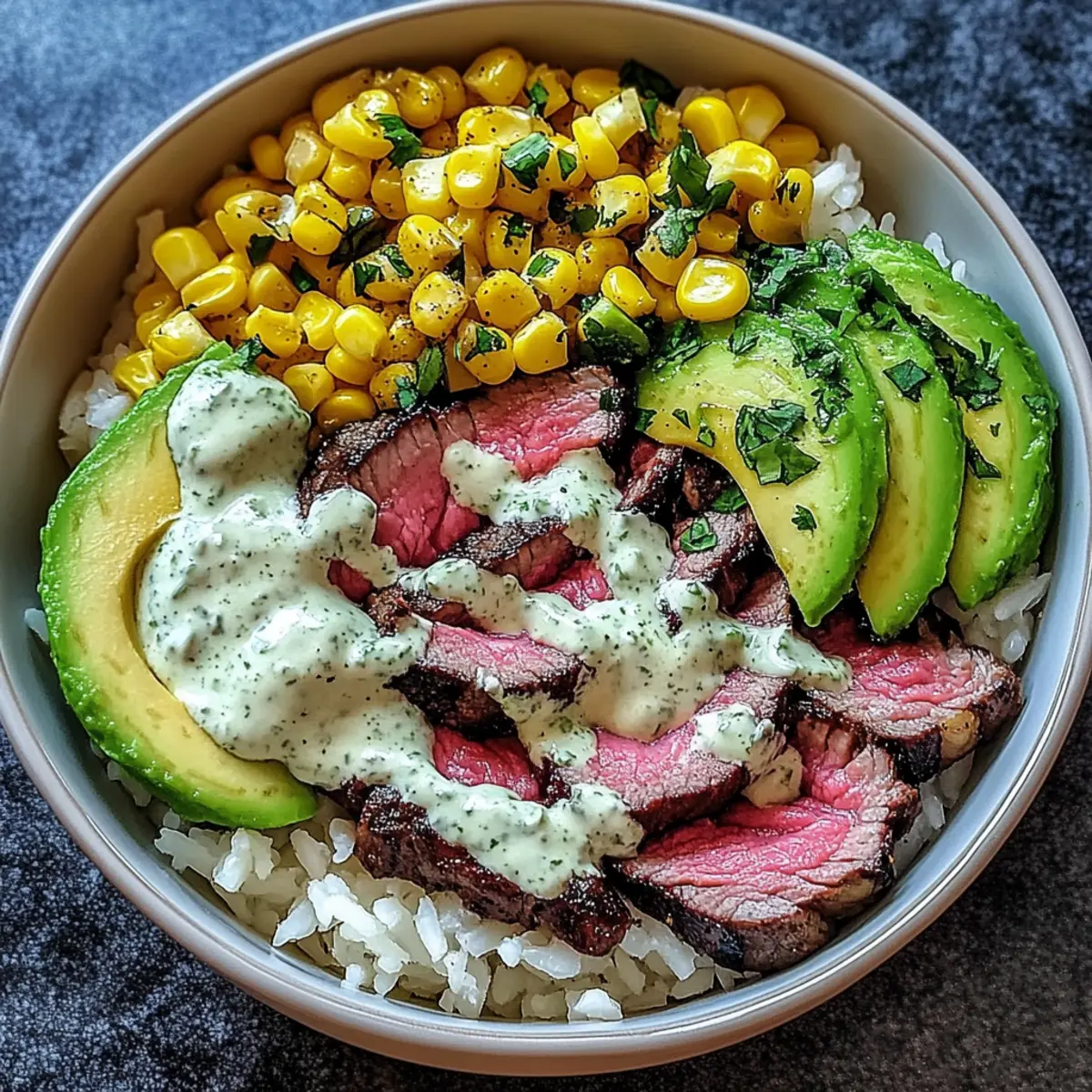 Steak, Avocado, and Roasted Corn Bowl with Zesty Cream Sauce